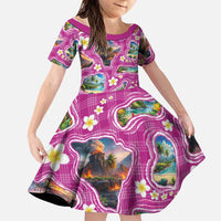 Hawaiian Island Shapes-Iconic Landscape Family Matching Long Sleeve Bodycon Dress and Hawaiian Shirt with Plumeria and Palaka Pink Color LT03 Daughter's Dress Pink - Polynesian Pride