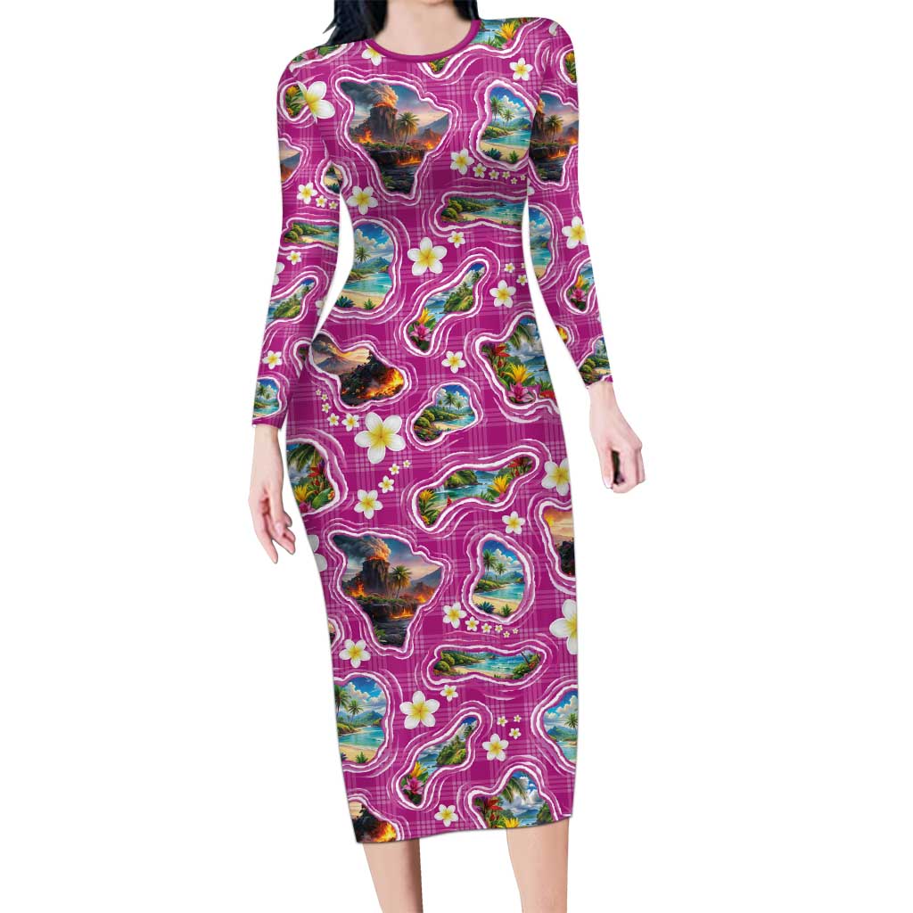 Hawaiian Island Shapes-Iconic Landscape Family Matching Long Sleeve Bodycon Dress and Hawaiian Shirt with Plumeria and Palaka Pink Color LT03 Mom's Dress Pink - Polynesian Pride
