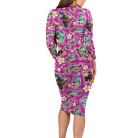 Hawaiian Island Shapes-Iconic Landscape Family Matching Long Sleeve Bodycon Dress and Hawaiian Shirt with Plumeria and Palaka Pink Color LT03 - Polynesian Pride