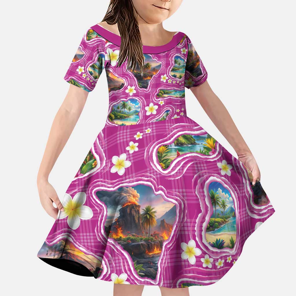 Hawaiian Island Shapes-Iconic Landscape Family Matching Mermaid Dress and Hawaiian Shirt with Plumeria and Palaka Pink Color LT03 Daughter's Dress Pink - Polynesian Pride