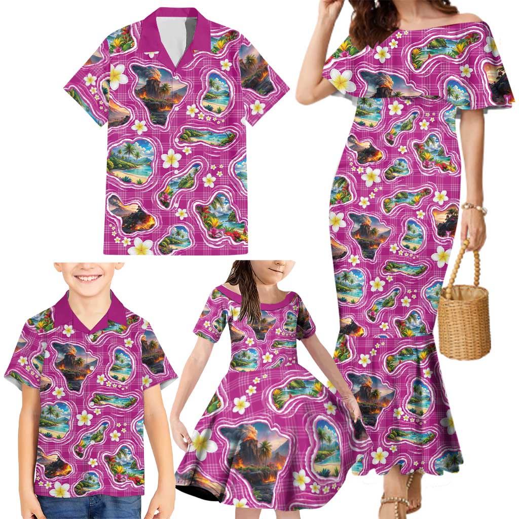 Hawaiian Island Shapes-Iconic Landscape Family Matching Mermaid Dress and Hawaiian Shirt with Plumeria and Palaka Pink Color LT03 - Polynesian Pride