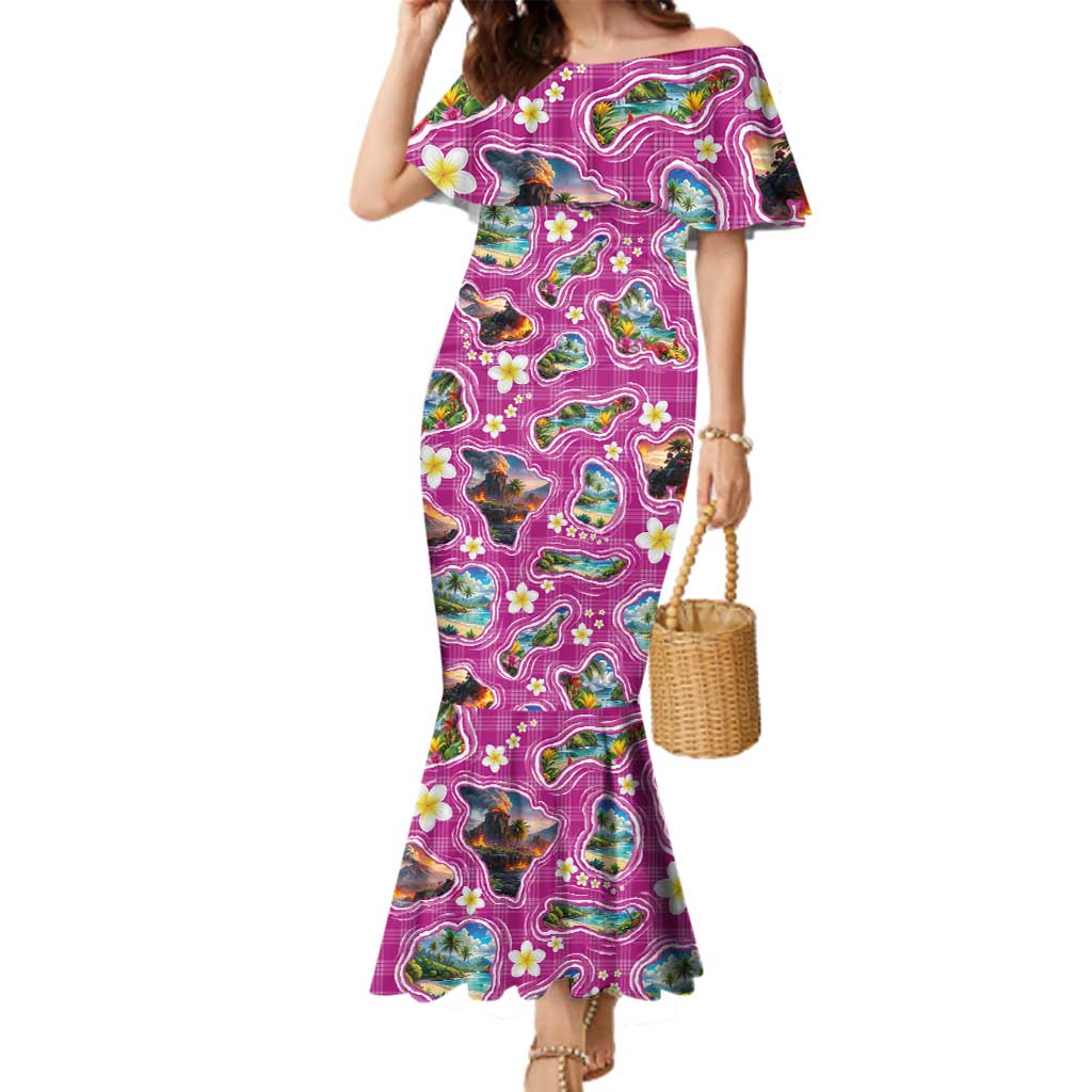 Hawaiian Island Shapes-Iconic Landscape Family Matching Mermaid Dress and Hawaiian Shirt with Plumeria and Palaka Pink Color LT03 Mom's Dress Pink - Polynesian Pride