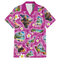 Hawaiian Island Shapes-Iconic Landscape Family Matching Off Shoulder Maxi Dress and Hawaiian Shirt with Plumeria and Palaka Pink Color LT03 Dad's Shirt - Short Sleeve Pink - Polynesian Pride