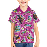 Hawaiian Island Shapes-Iconic Landscape Family Matching Off Shoulder Maxi Dress and Hawaiian Shirt with Plumeria and Palaka Pink Color LT03 Son's Shirt Pink - Polynesian Pride