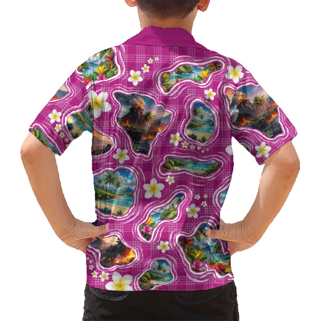 Hawaiian Island Shapes-Iconic Landscape Family Matching Off Shoulder Short Dress and Hawaiian Shirt with Plumeria and Palaka Pink Color LT03 - Polynesian Pride