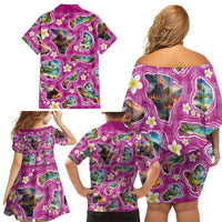 Hawaiian Island Shapes-Iconic Landscape Family Matching Off Shoulder Short Dress and Hawaiian Shirt with Plumeria and Palaka Pink Color LT03 - Polynesian Pride