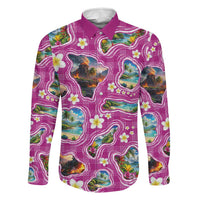 Hawaiian Island Shapes-Iconic Landscape Family Matching Off Shoulder Short Dress and Hawaiian Shirt with Plumeria and Palaka Pink Color LT03 Dad's Shirt - Long Sleeve Pink - Polynesian Pride