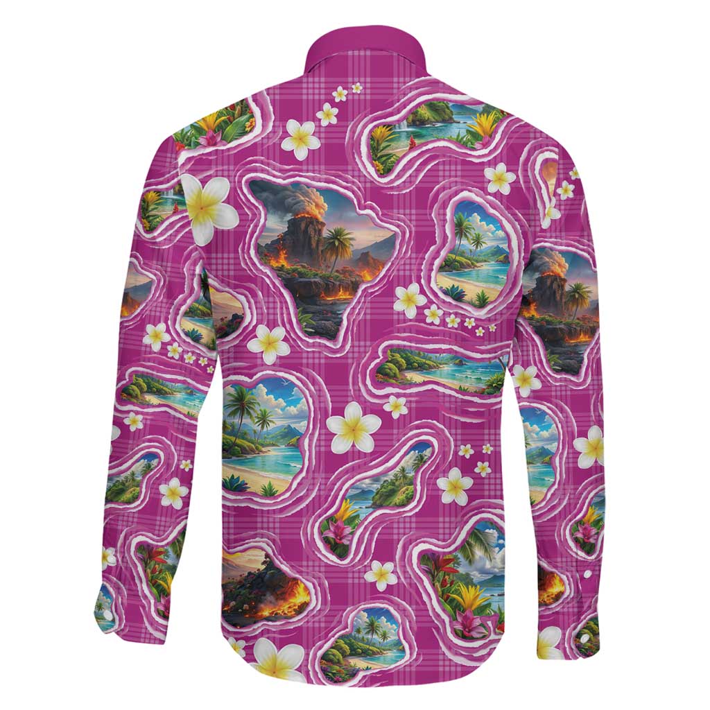 Hawaiian Island Shapes-Iconic Landscape Family Matching Off Shoulder Short Dress and Hawaiian Shirt with Plumeria and Palaka Pink Color LT03 - Polynesian Pride