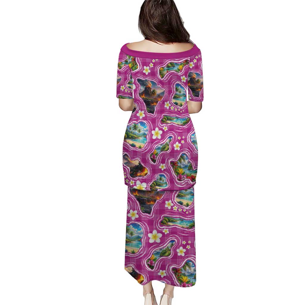 Hawaiian Island Shapes-Iconic Landscape Family Matching Puletasi and Hawaiian Shirt with Plumeria and Palaka Pink Color LT03 - Polynesian Pride