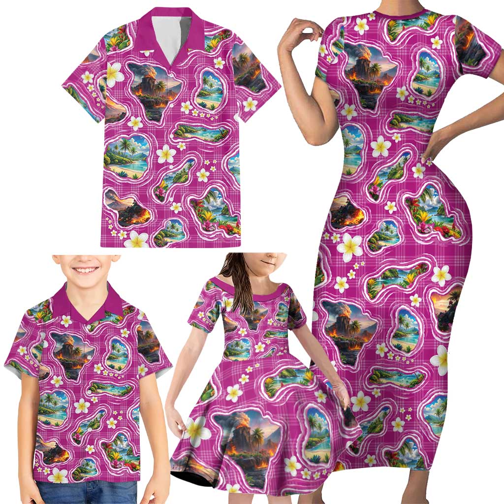 Hawaiian Island Shapes-Iconic Landscape Family Matching Short Sleeve Bodycon Dress and Hawaiian Shirt with Plumeria and Palaka Pink Color