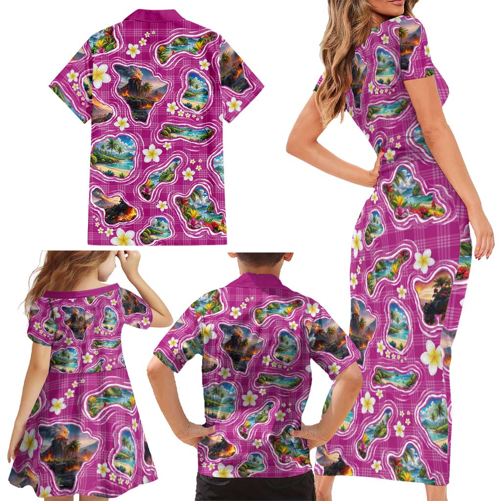 Hawaiian Island Shapes-Iconic Landscape Family Matching Short Sleeve Bodycon Dress and Hawaiian Shirt with Plumeria and Palaka Pink Color LT03 - Polynesian Pride