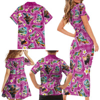 Hawaiian Island Shapes-Iconic Landscape Family Matching Short Sleeve Bodycon Dress and Hawaiian Shirt with Plumeria and Palaka Pink Color LT03 - Polynesian Pride