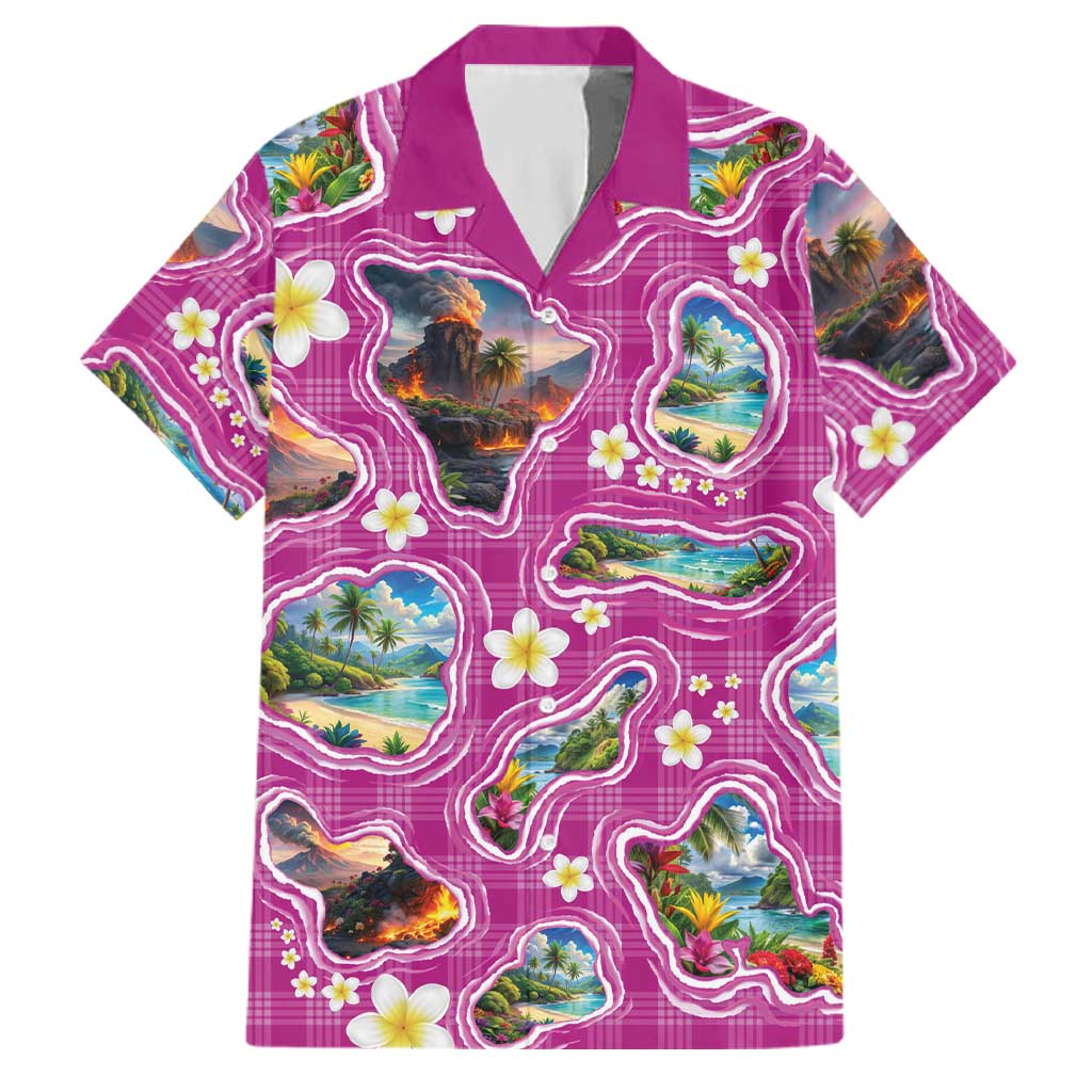 Hawaiian Island Shapes-Iconic Landscape Family Matching Short Sleeve Bodycon Dress and Hawaiian Shirt with Plumeria and Palaka Pink Color LT03 Dad's Shirt - Short Sleeve Pink - Polynesian Pride