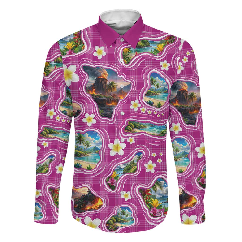 Hawaiian Island Shapes-Iconic Landscape Family Matching Short Sleeve Bodycon Dress and Hawaiian Shirt with Plumeria and Palaka Pink Color LT03 Dad's Shirt - Long Sleeve Pink - Polynesian Pride