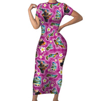 Hawaiian Island Shapes-Iconic Landscape Family Matching Short Sleeve Bodycon Dress and Hawaiian Shirt with Plumeria and Palaka Pink Color LT03 Mom's Dress Pink - Polynesian Pride