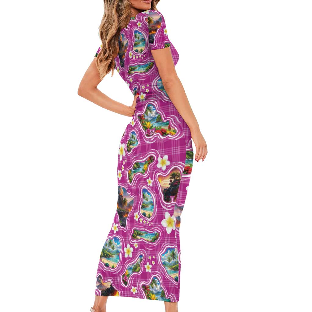 Hawaiian Island Shapes-Iconic Landscape Family Matching Short Sleeve Bodycon Dress and Hawaiian Shirt with Plumeria and Palaka Pink Color LT03 - Polynesian Pride