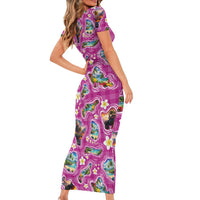 Hawaiian Island Shapes-Iconic Landscape Family Matching Short Sleeve Bodycon Dress and Hawaiian Shirt with Plumeria and Palaka Pink Color LT03 - Polynesian Pride