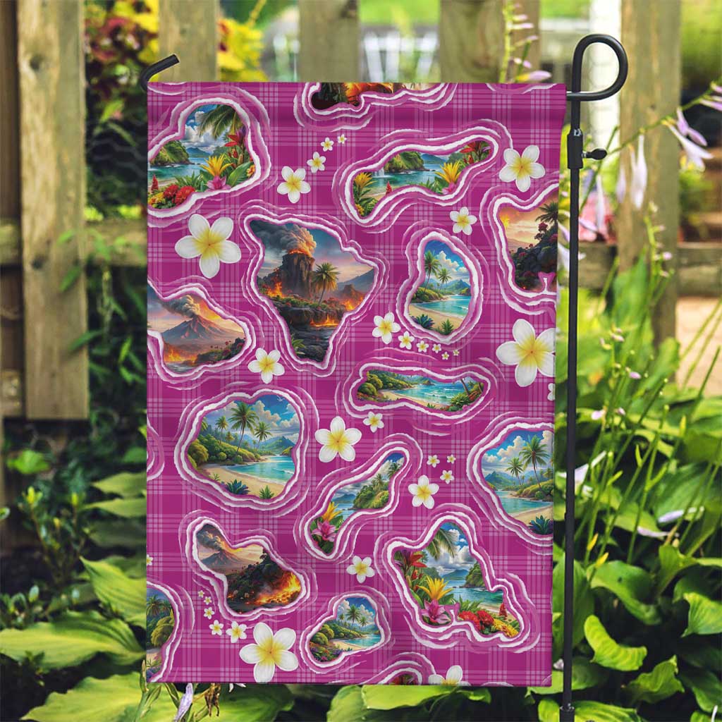 Hawaiian Island Shapes-Iconic Landscape Garden Flag with Plumeria and Palaka Pink Color