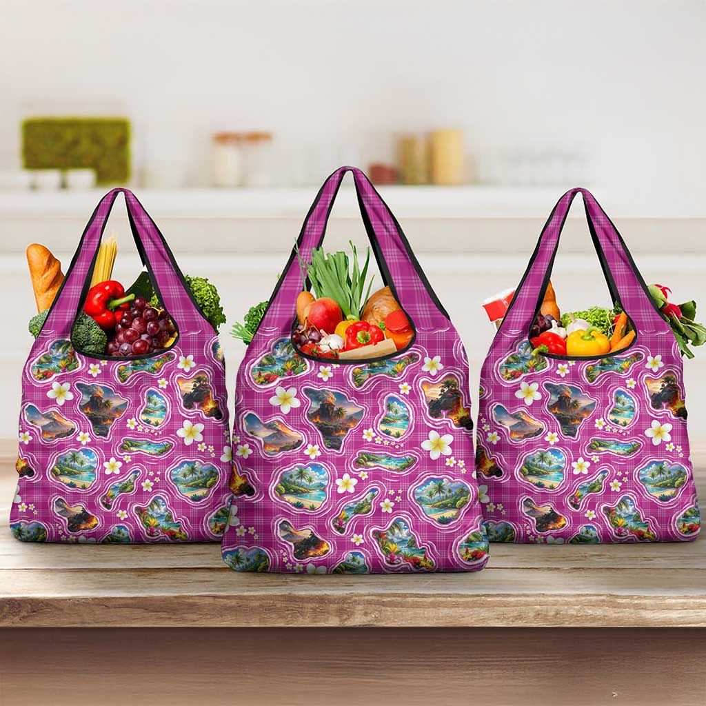 Hawaiian Island Shapes-Iconic Landscape Grocery Bag with Plumeria and Palaka Pink Color