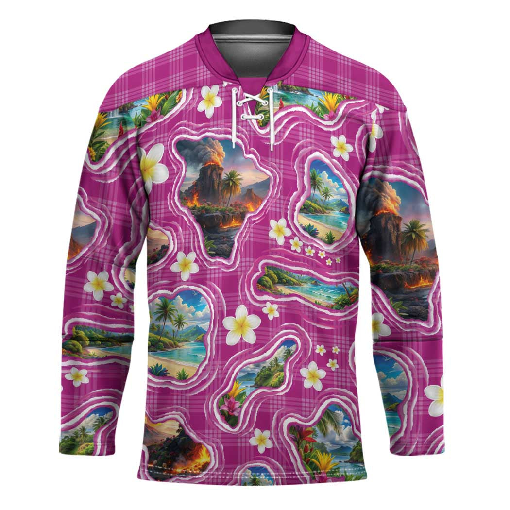 Hawaiian Island Shapes-Iconic Landscape Hockey Jersey with Plumeria and Palaka Pink Color