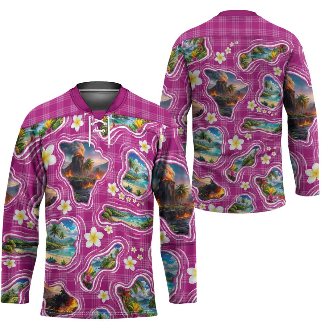 Hawaiian Island Shapes-Iconic Landscape Hockey Jersey with Plumeria and Palaka Pink Color LT03 - Polynesian Pride