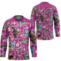 Hawaiian Island Shapes-Iconic Landscape Hockey Jersey with Plumeria and Palaka Pink Color LT03 - Polynesian Pride
