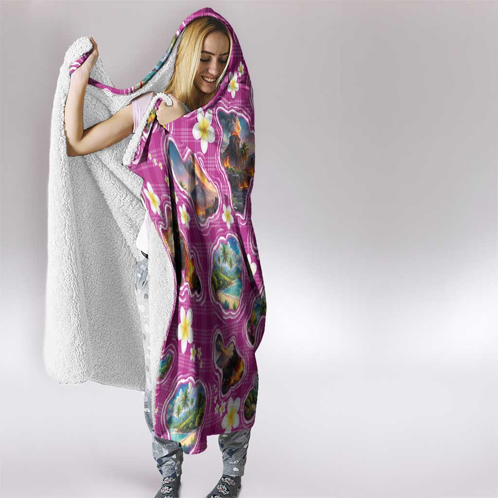 Hawaiian Island Shapes-Iconic Landscape Hooded Blanket with Plumeria and Palaka Pink Color