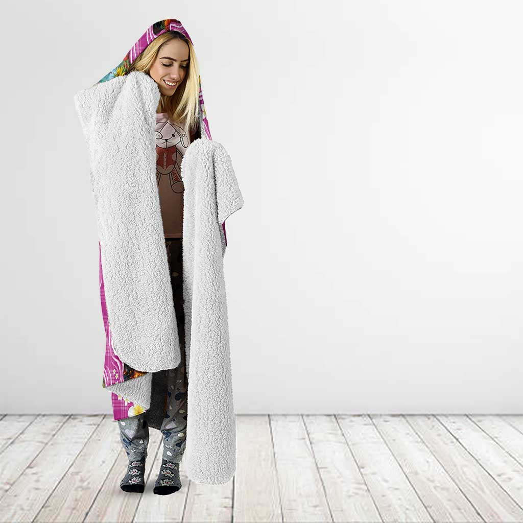 Hawaiian Island Shapes-Iconic Landscape Hooded Blanket with Plumeria and Palaka Pink Color