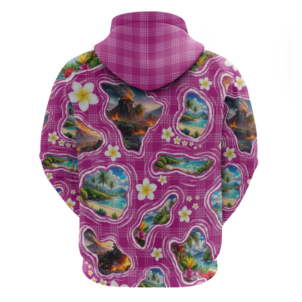 Hawaiian Island Shapes-Iconic Landscape Hoodie with Plumeria and Palaka Pink Color LT03 - Polynesian Pride