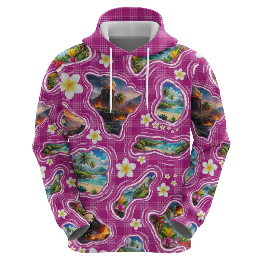 Hawaiian Island Shapes-Iconic Landscape Hoodie with Plumeria and Palaka Pink Color LT03 - Polynesian Pride