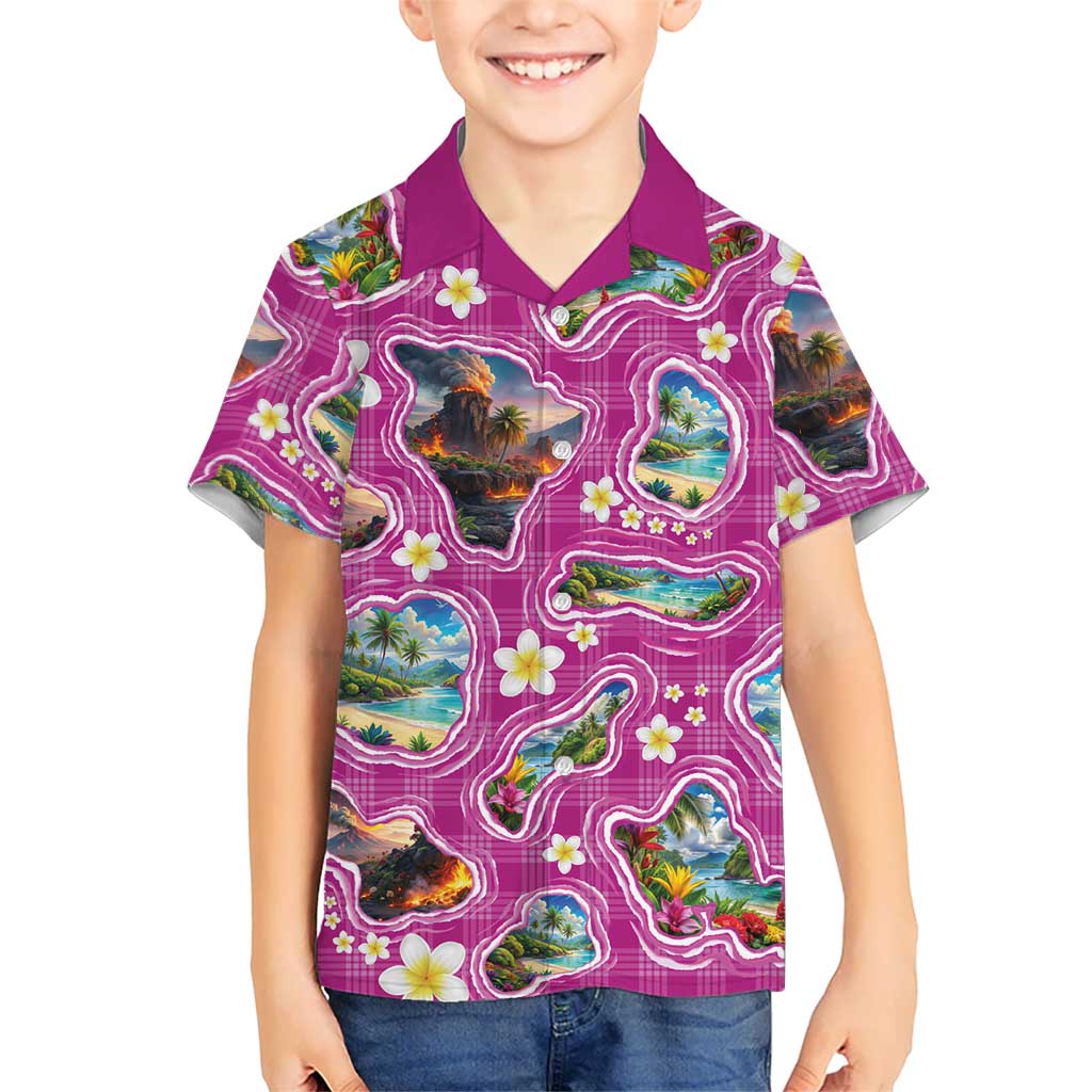 Hawaiian Island Shapes-Iconic Landscape Kid Hawaiian Shirt with Plumeria and Palaka Pink Color