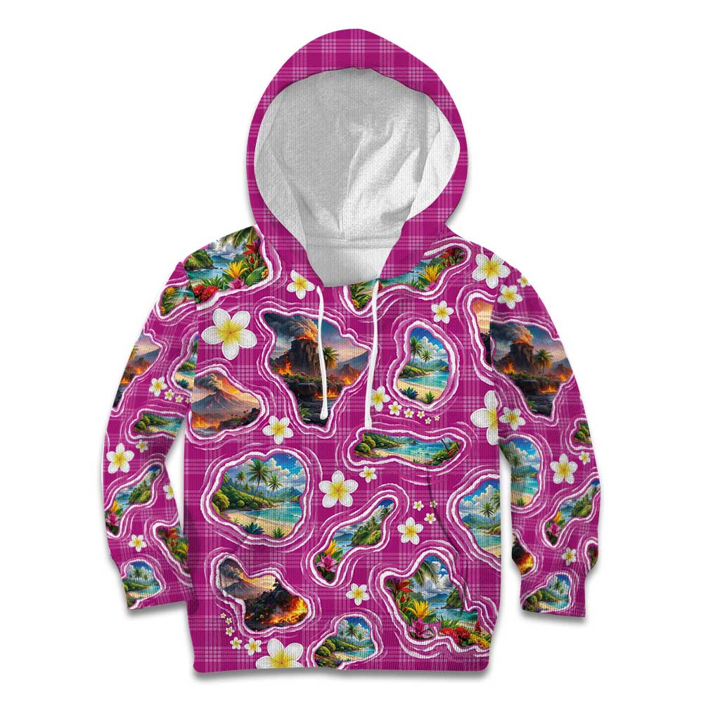 Hawaiian Island Shapes-Iconic Landscape Kid Hoodie with Plumeria and Palaka Pink Color
