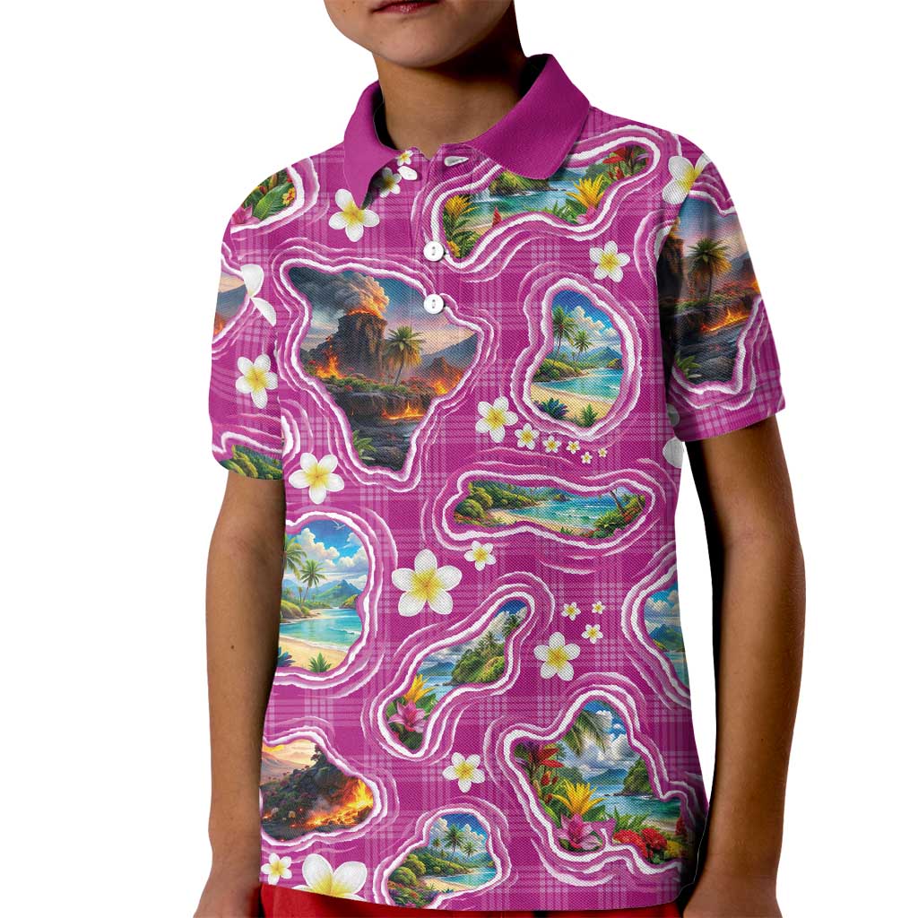 Hawaiian Island Shapes-Iconic Landscape Kid Polo Shirt with Plumeria and Palaka Pink Color LT03 Kid Pink - Polynesian Pride