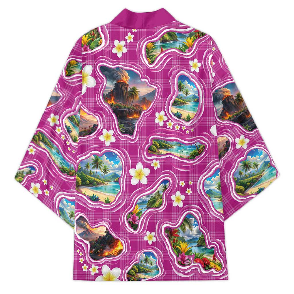 Hawaiian Island Shapes-Iconic Landscape Kimono with Plumeria and Palaka Pink Color