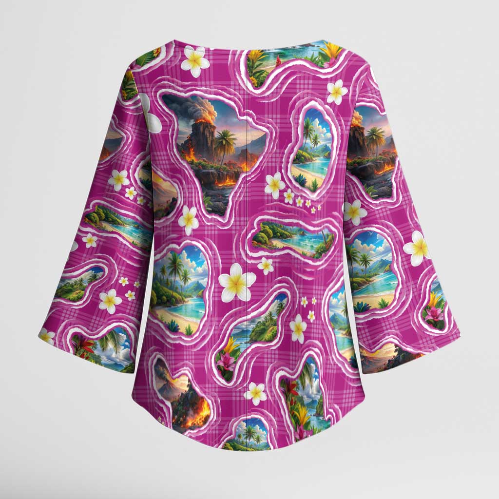 Hawaiian Island Shapes-Iconic Landscape Kimono Sleeve Blouse with Plumeria and Palaka Pink Color