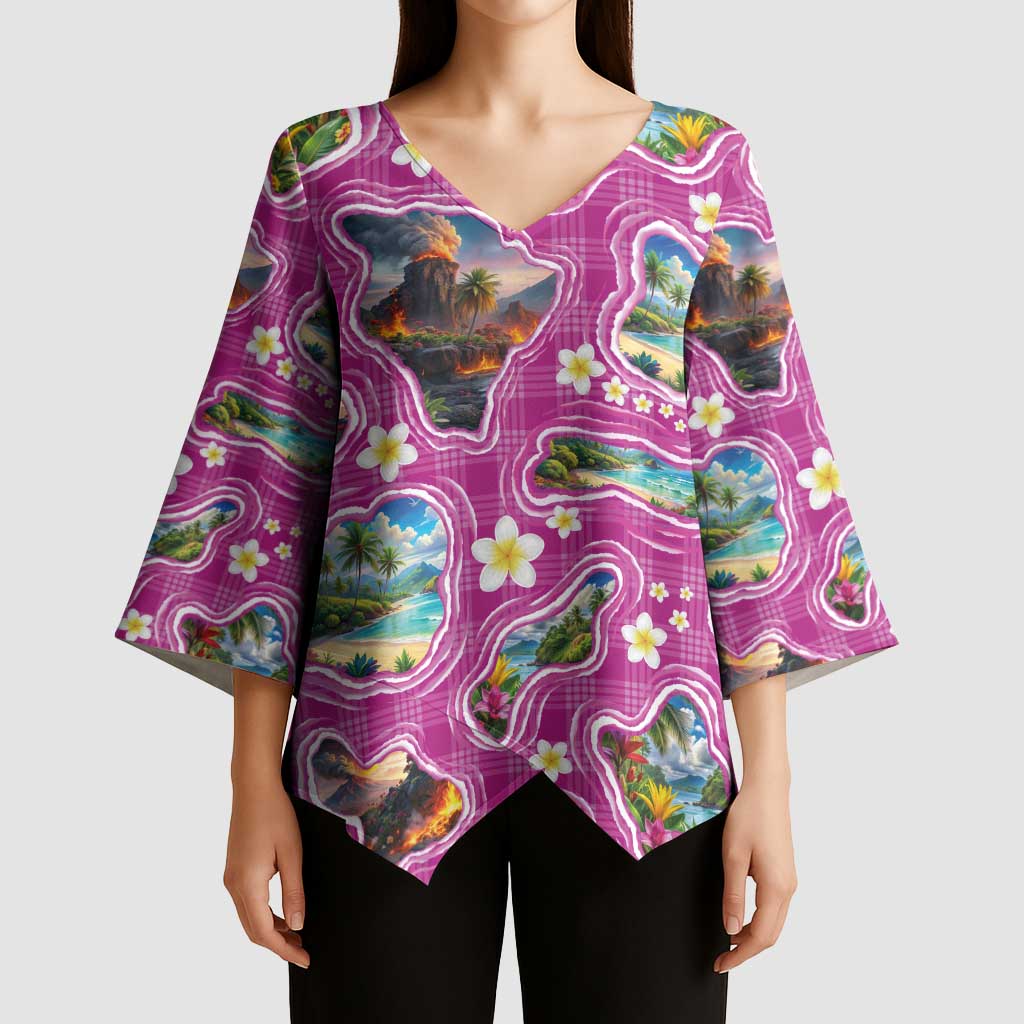 Hawaiian Island Shapes-Iconic Landscape Kimono Sleeve Blouse with Plumeria and Palaka Pink Color