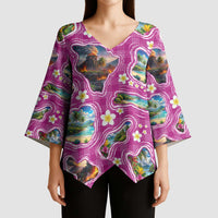 Hawaiian Island Shapes-Iconic Landscape Kimono Sleeve Blouse with Plumeria and Palaka Pink Color