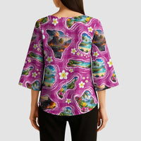 Hawaiian Island Shapes-Iconic Landscape Kimono Sleeve Blouse with Plumeria and Palaka Pink Color
