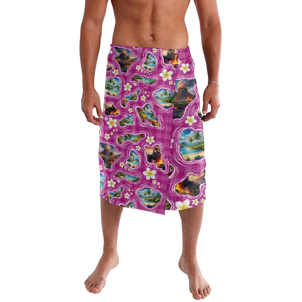 Hawaiian Island Shapes-Iconic Landscape Lavalava with Plumeria and Palaka Pink Color