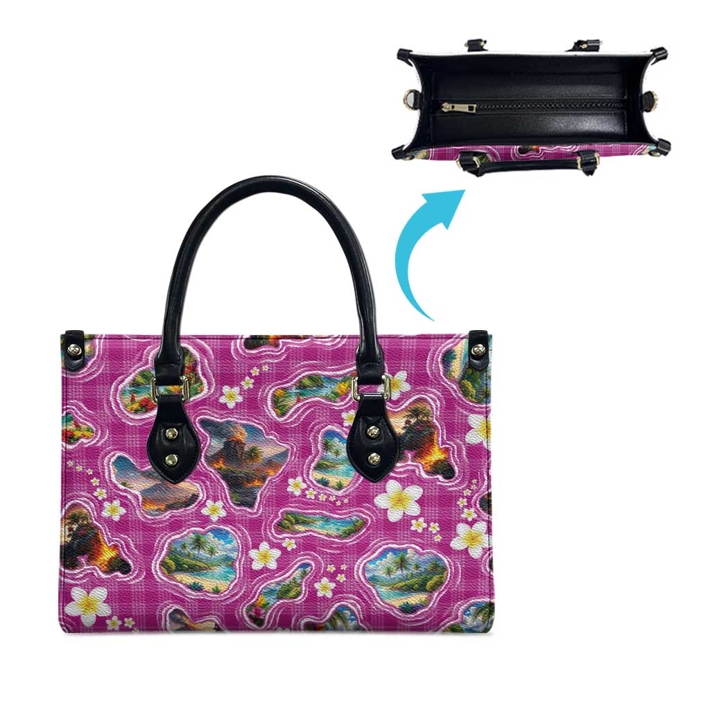 Hawaiian Island Shapes-Iconic Landscape Leather Bag with Plumeria and Palaka Pink Color