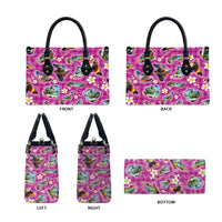 Hawaiian Island Shapes-Iconic Landscape Leather Bag with Plumeria and Palaka Pink Color