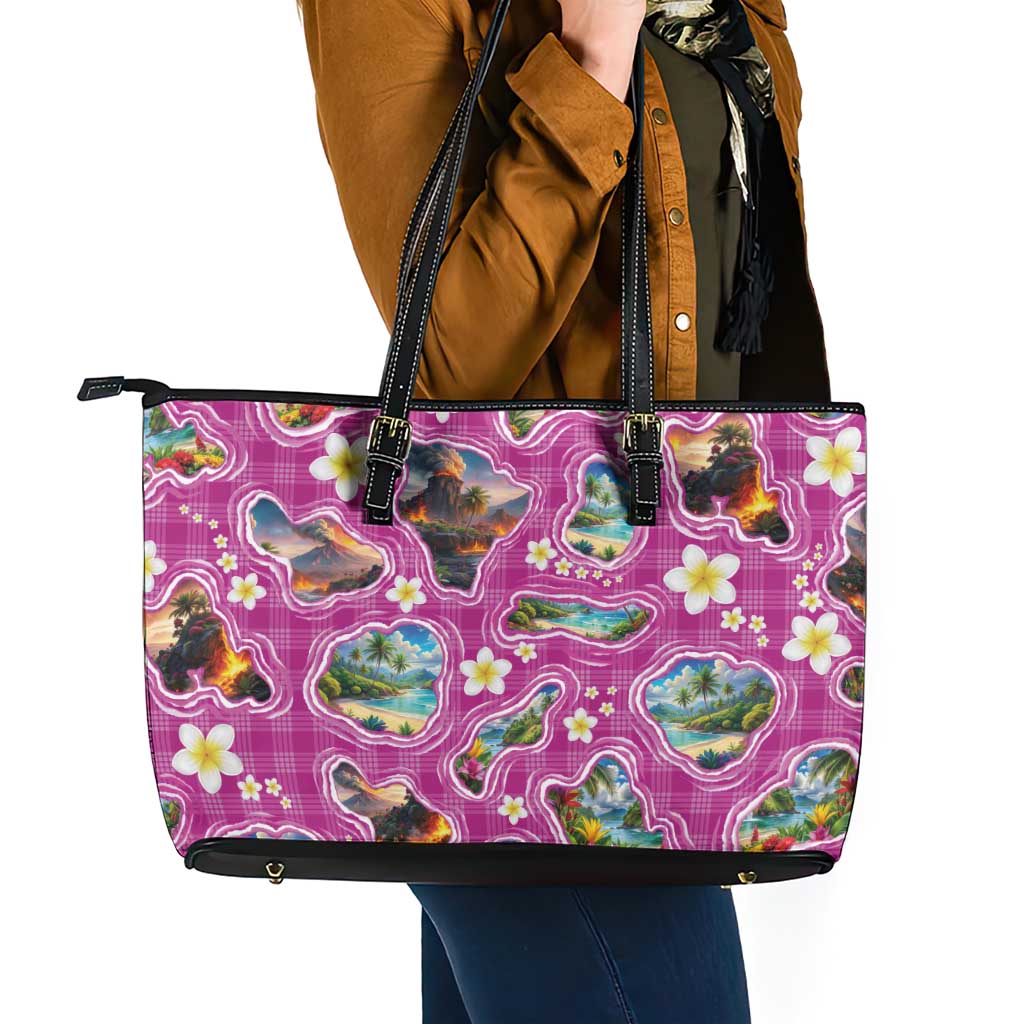 Hawaiian Island Shapes-Iconic Landscape Leather Tote Bag with Plumeria and Palaka Pink Color