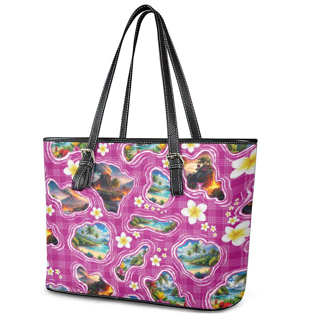 Hawaiian Island Shapes-Iconic Landscape Leather Tote Bag with Plumeria and Palaka Pink Color