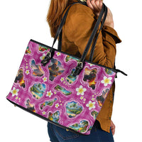 Hawaiian Island Shapes-Iconic Landscape Leather Tote Bag with Plumeria and Palaka Pink Color