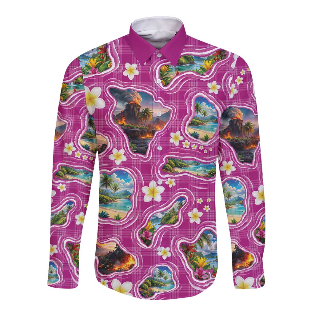 Hawaiian Island Shapes-Iconic Landscape Long Sleeve Button Shirt with Plumeria and Palaka Pink Color