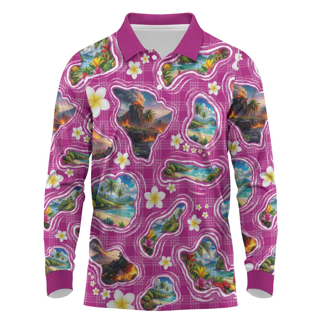 Hawaiian Island Shapes-Iconic Landscape Long Sleeve Polo Shirt with Plumeria and Palaka Pink Color LT03 Pink - Polynesian Pride