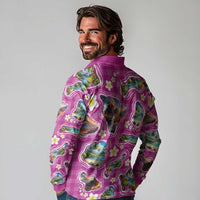 Hawaiian Island Shapes-Iconic Landscape Long Sleeve Polo Shirt with Plumeria and Palaka Pink Color LT03 - Polynesian Pride