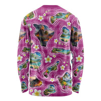Hawaiian Island Shapes-Iconic Landscape Long Sleeve Shirt with Plumeria and Palaka Pink Color