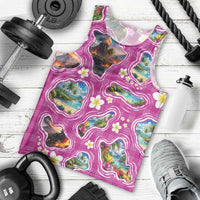Hawaiian Island Shapes-Iconic Landscape Men Tank Top with Plumeria and Palaka Pink Color
