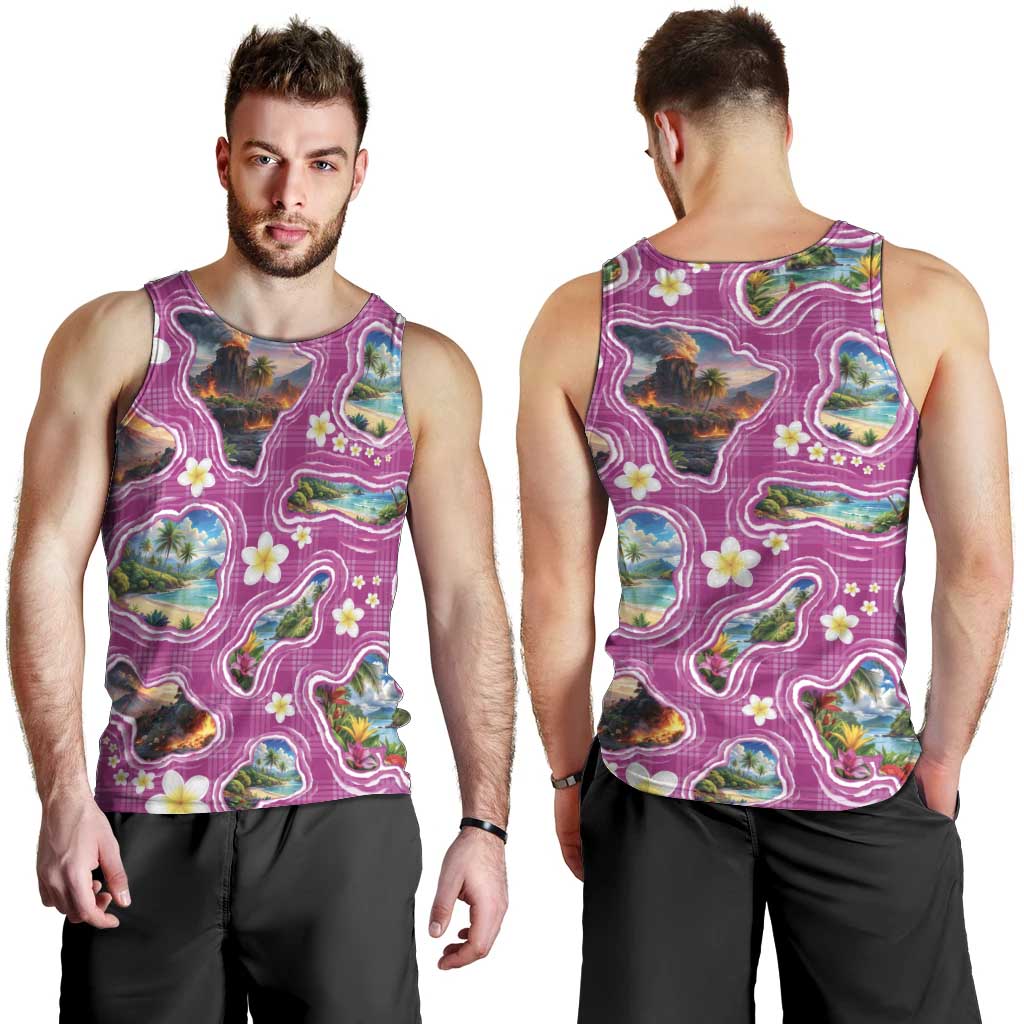 Hawaiian Island Shapes-Iconic Landscape Men Tank Top with Plumeria and Palaka Pink Color